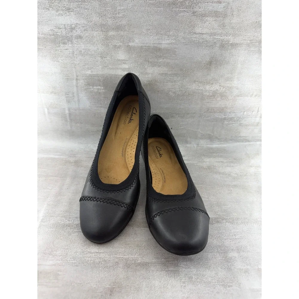 Clarks Collection Women Black Leather Cap Toe Flats Ultimate Comfort Sz 8M
